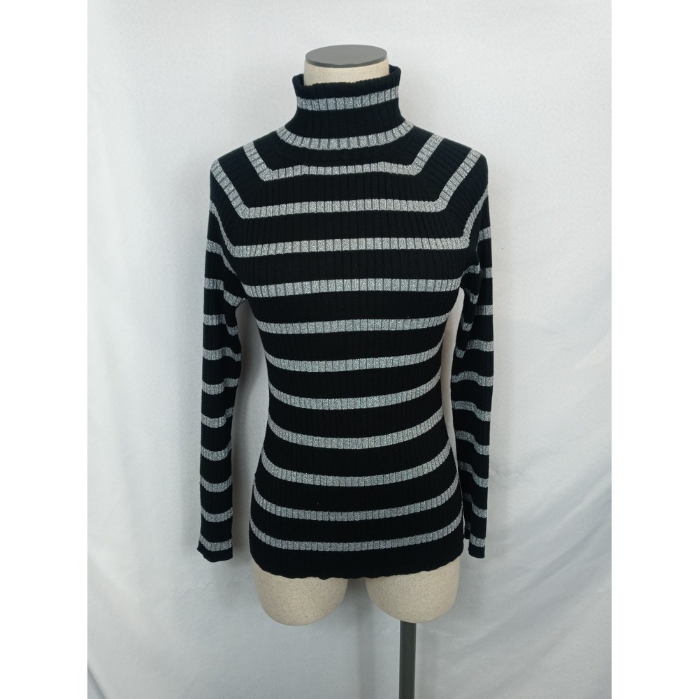Focus 2000 Sweater Size‎ M – Black Gray Stripe Turtleneck Ribbed Knit Top